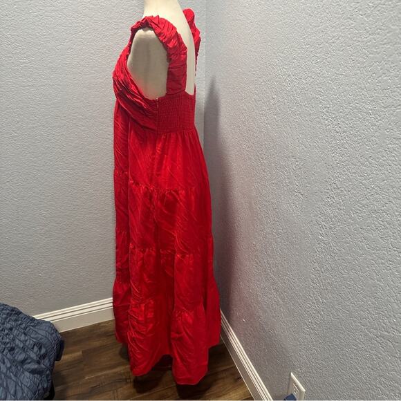 Jason Wu Size XL Red Linen Blend Ruffle Tiered Maxi Dress Resort Coastal Elegant - Picture 3 of 7